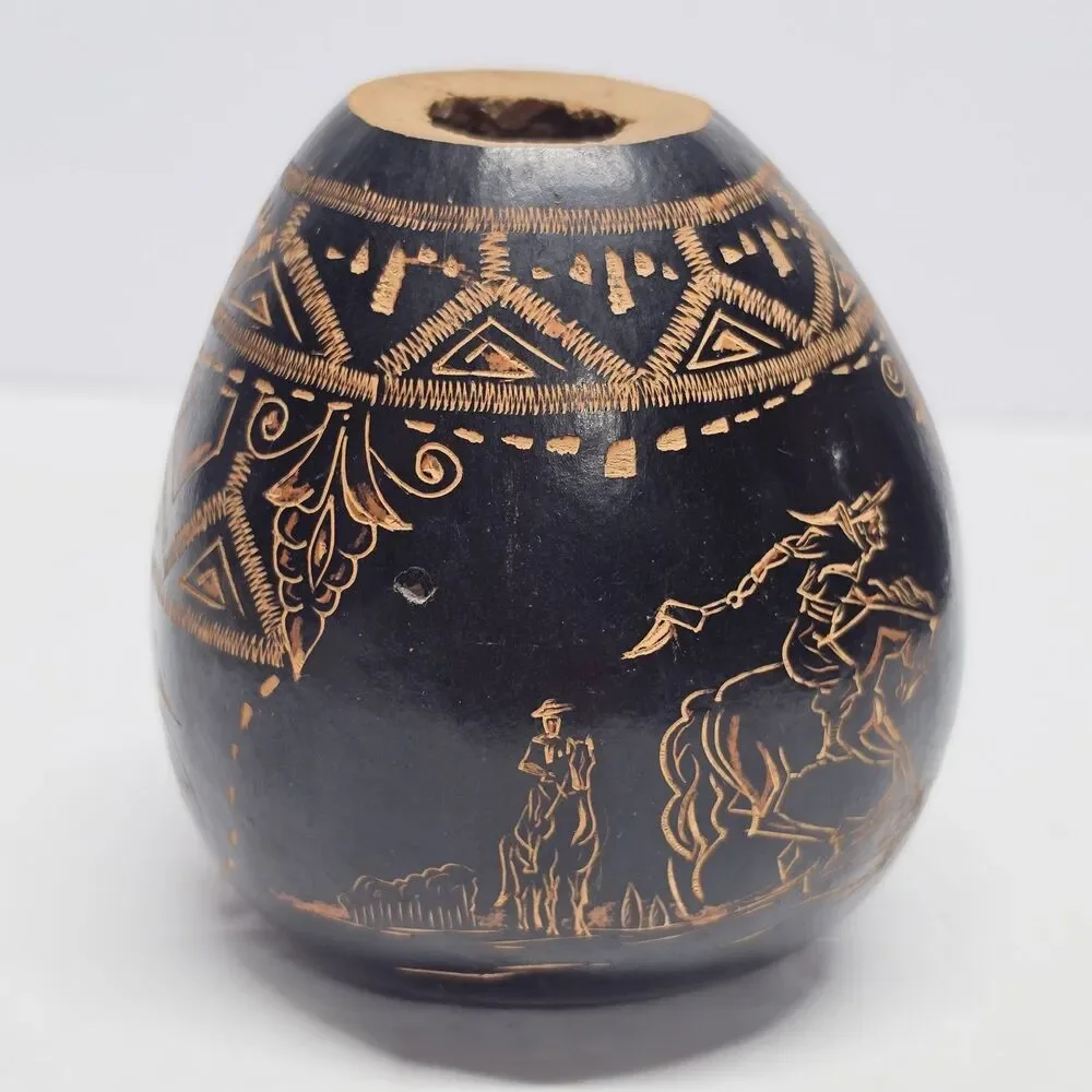 Hand Carved Gourd Vase Decor Tribal Rustic Ethnic Traditional Folk Art Uruguay